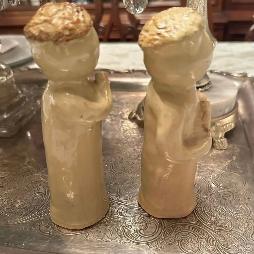 Glazed Stoneware Pottery Rustic Figurines X2 Folk Art Cottage Chic Love & Prayer